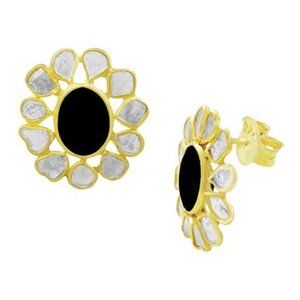 NEW Savvy Cie 18K Gold Vermeil Sliced Raw Diamond Black Spinel Floral Stud Fine